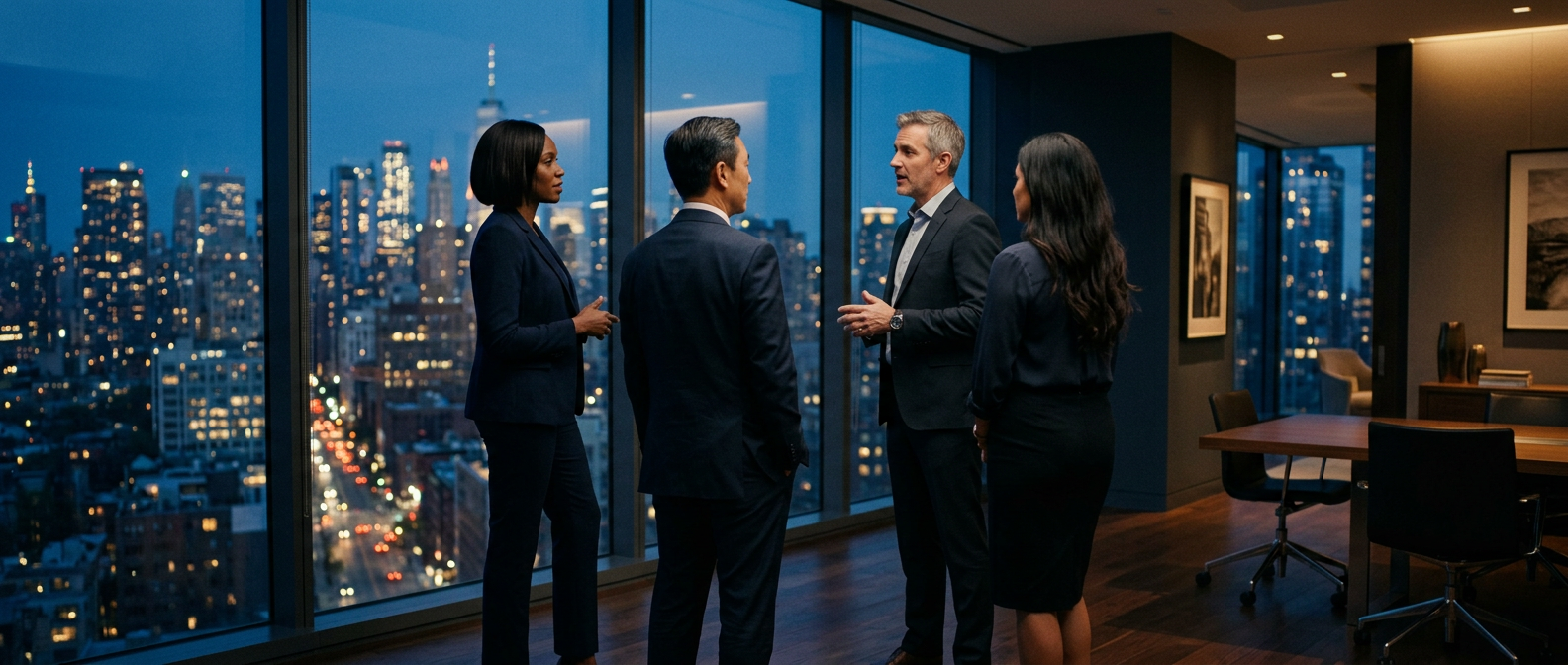 Leadership team talking in a modern glass office at blue hour