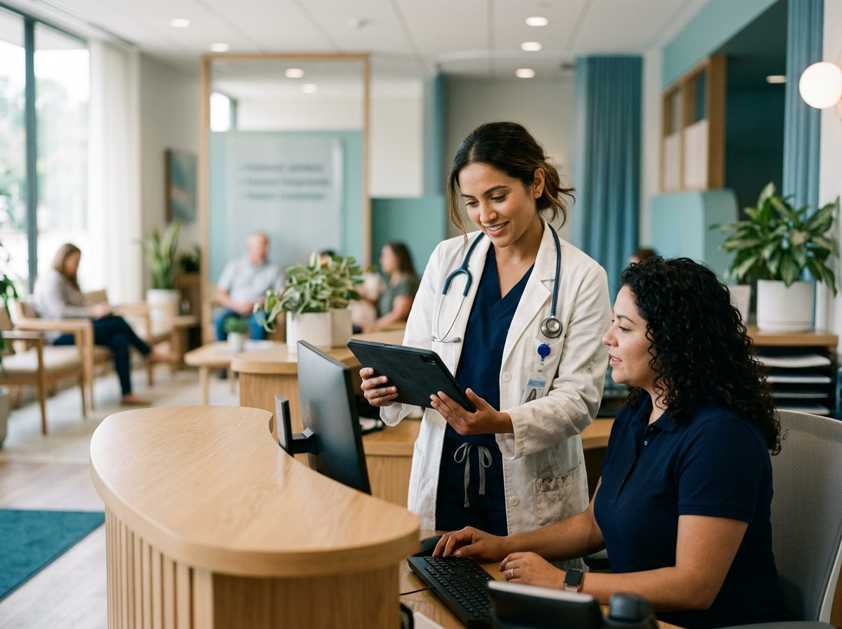 Doctor and clinic administrator reviewing a tablet