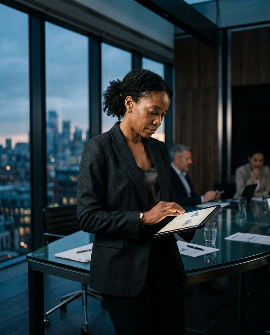 Executive reviewing business performance on a tablet in a modern office