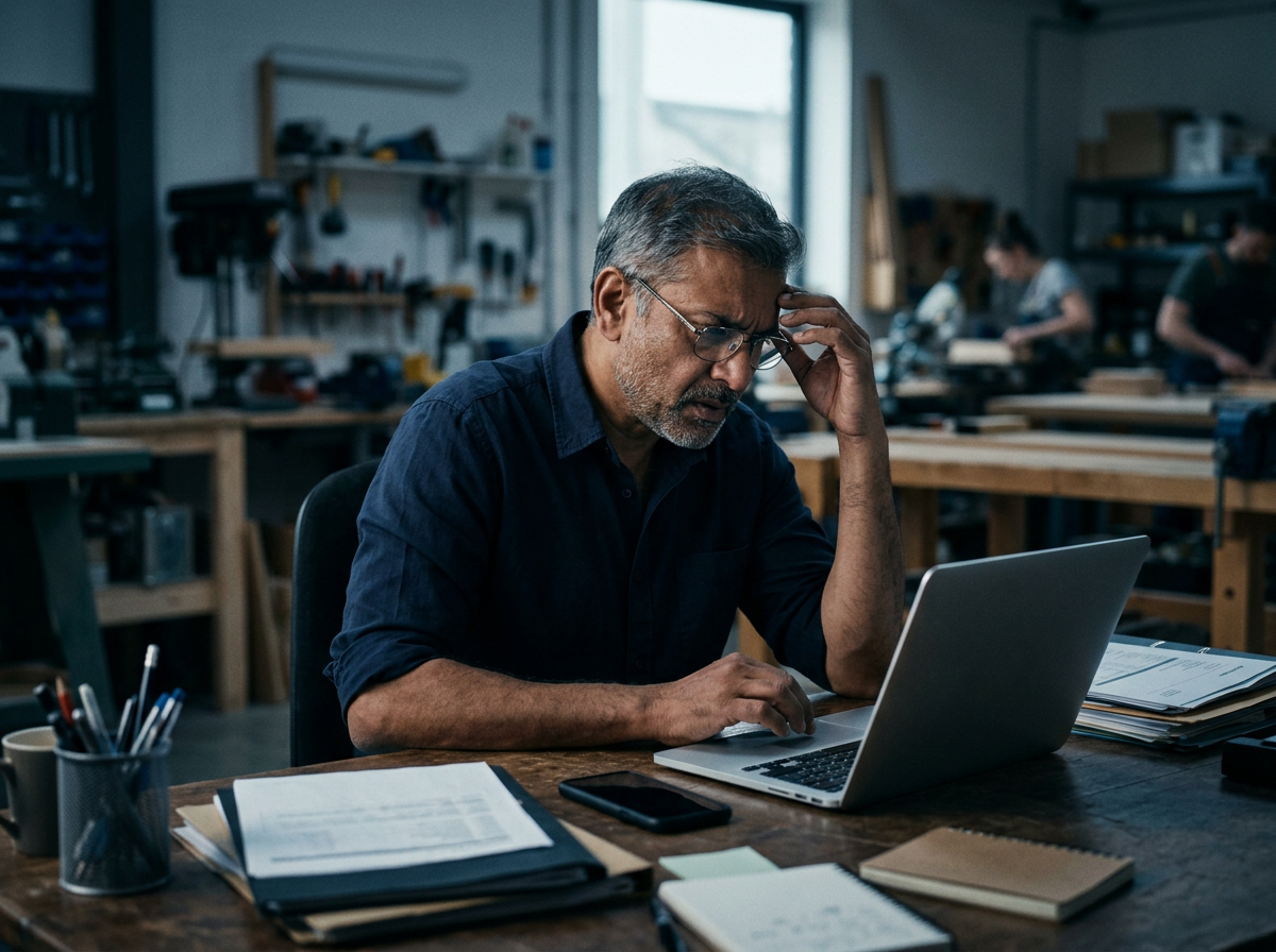 Business owner at a cluttered desk looking at a laptop, overwhelmed by disconnected tools